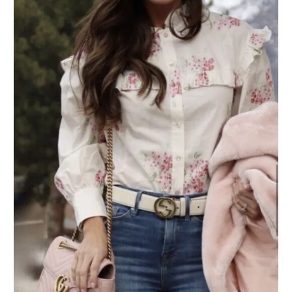 Rebecca Taylor Maia Ivory & Pink Floral Ruffled Victorian Cotton Blouse Sz 10 L - Picture 5 of 12